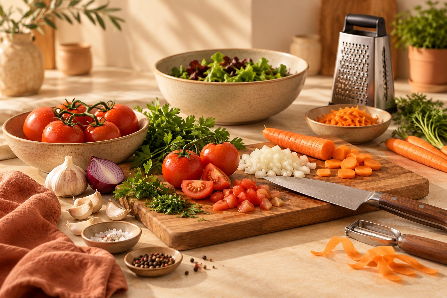 Tabla con tomates, cebolla y zanahoria picados, cuchillo, rallador y pelador