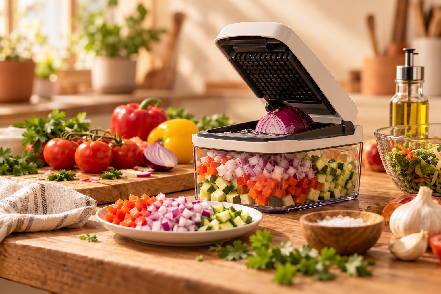 Picador de verduras sobre una mesa de madera, con cebolla, pimiento y calabacín cortados en cubos y vegetales frescos alrededor