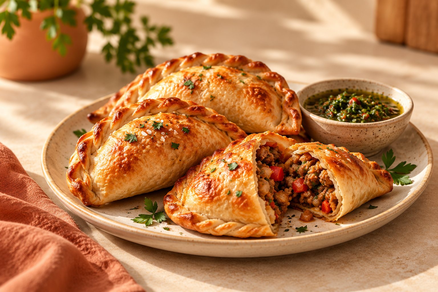 Empanadas doradas al horno, una abierta con relleno de carne, y salsa verde